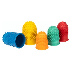 Five Rexel finger cones grouped on white in blue, yellow, orange, green and red, standing at visibly different sizes with bumped domed tips and one tipped to show the open cuff.
