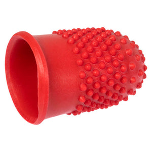 Single Rexel size 1 finger cone in red rubber shown on white, the wide open cuff angled towards the viewer and the rounded tip textured with rows of small raised bumps.