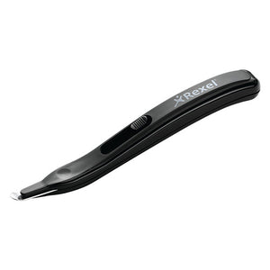 Rexel Extract-It pen style staple remover in black, side view showing the Rexel logo, the slider on the barrel and the stainless steel tip