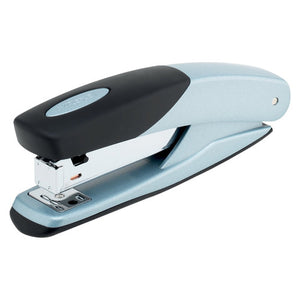 Rexel Torador full strip stapler with a black top grip over a metallic silver blue body, seen from the front with the staple head and anvil visible