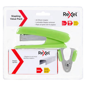 Rexel Stapling Value Pack in lime green sealed on a card printed 20 Sheet stapler, Lockable Staple remover and Pack of 5000 26/6 staples, with the stapler, staples box and lime gripped remover inside.