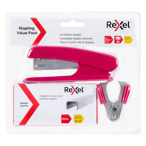 Rexel Stapling Value Pack in pink sealed on a card printed 20 Sheet stapler, Lockable Staple remover and Pack of 5000 26/6 staples, with the stapler, staples box and pink gripped remover inside.