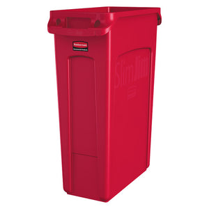 Red Rubbermaid Commercial Products Vented Slim Jim container, empty and open at the top, with Slim Jim embossed on the side and handles at the rim