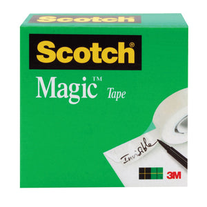 Front of a green Scotch Magic Tape 810 box with the tape across a hand written Invisible sample