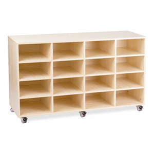 Visionchart EMTT16 mobile tote tray trolley shown empty on a plain white background in a front three-quarter view, with open tray bays in a four column grid and castors at the base of the white oak-look frame.