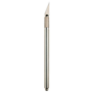 Linex CK200 art knife in silver with a knurled grip, round end cap and angled blade, shown upright