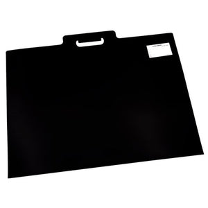 Foldermate A2 economy artist sleeve in black with die-cut carry handle and white label panel, front view