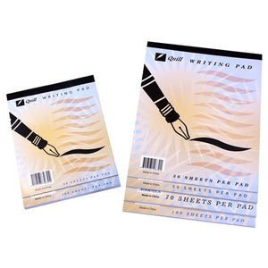 Quill ruled writing pads with fountain pen cover art, a small and a large pad side by side showing the front covers