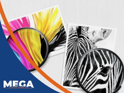 Mega Office Supplies HP 67 ink cartridge guide image showing detailed colour and black print samples with magnifying glasses.