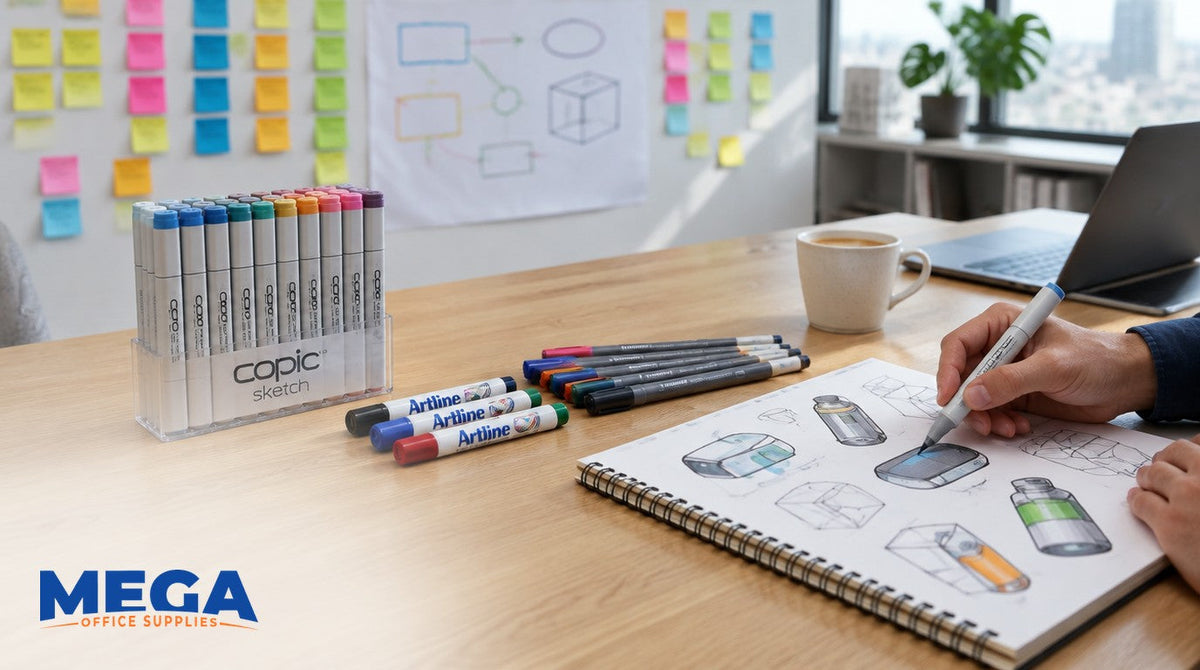 Office workshop table with a Copic Sketch marker set, Artline whiteboard markers and fineliners, a hand shading product sketches with a Copic marker, and a planning wall of sticky notes behind