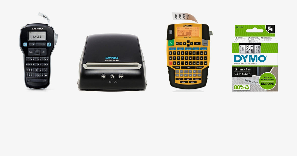 Dymo LabelManager 160 handheld labeller, LabelWriter 5XL label printer, Rhino 4200 industrial label maker and a pack of D1 label tape on a light grey background