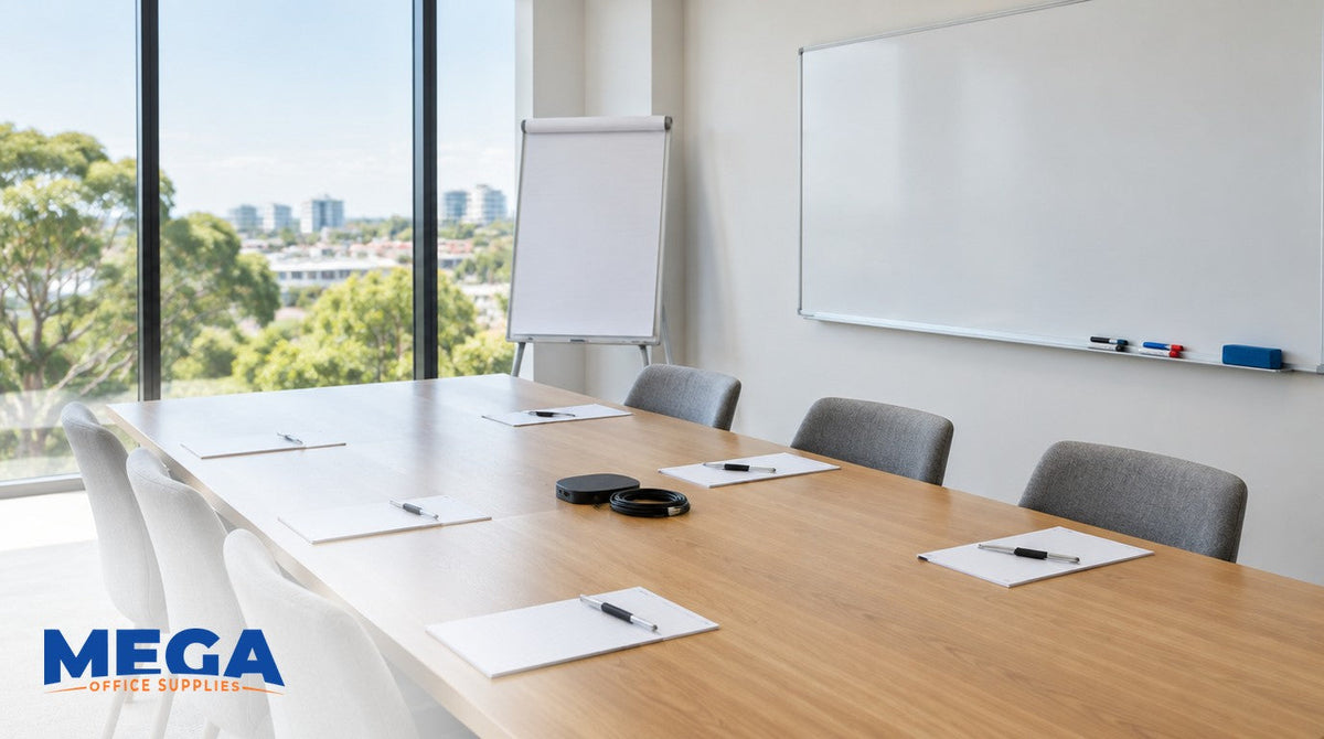 Bright meeting room set up and ready, with notepads and pens at each place on a timber table, a clean whiteboard with markers and an eraser on the ledge, and a flipchart easel by the window