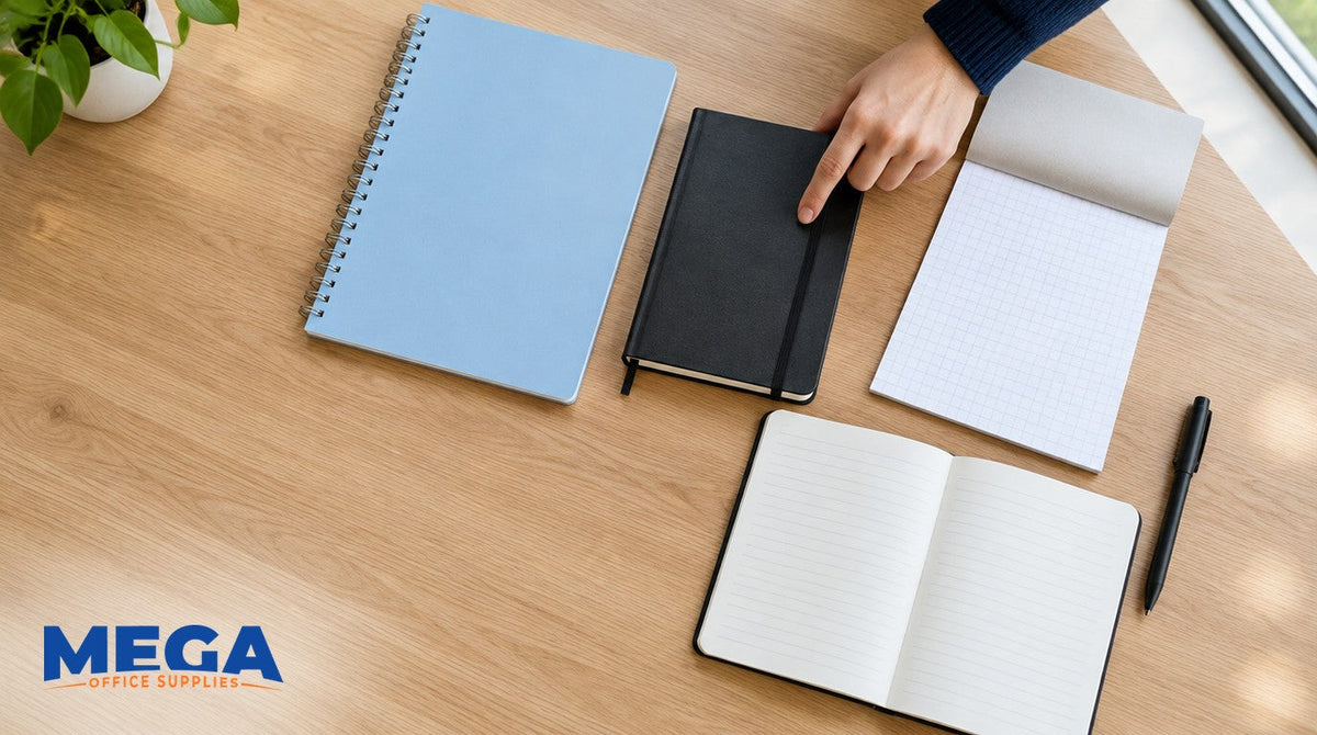 Light timber desk from above with an A4 spiral notebook, a black A5 hardcover notebook, a grid pad and an open ruled notebook laid out side by side while a hand rests on the hardcover