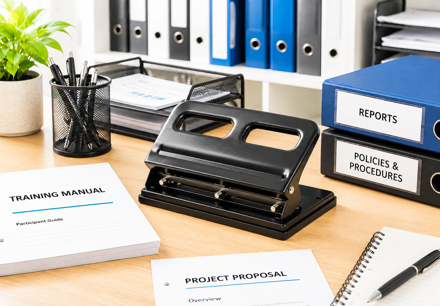Black office hole punch on a bright corporate desk with training manuals, proposal documents, binders and stationery.