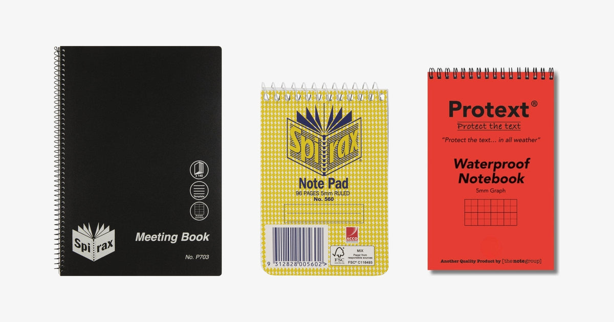 Spirax P703 A4 Meeting Book, Spirax No. 560 pocket note pad and red Protext Waterproof Notebook in 5mm graph, side by side on a light grey background