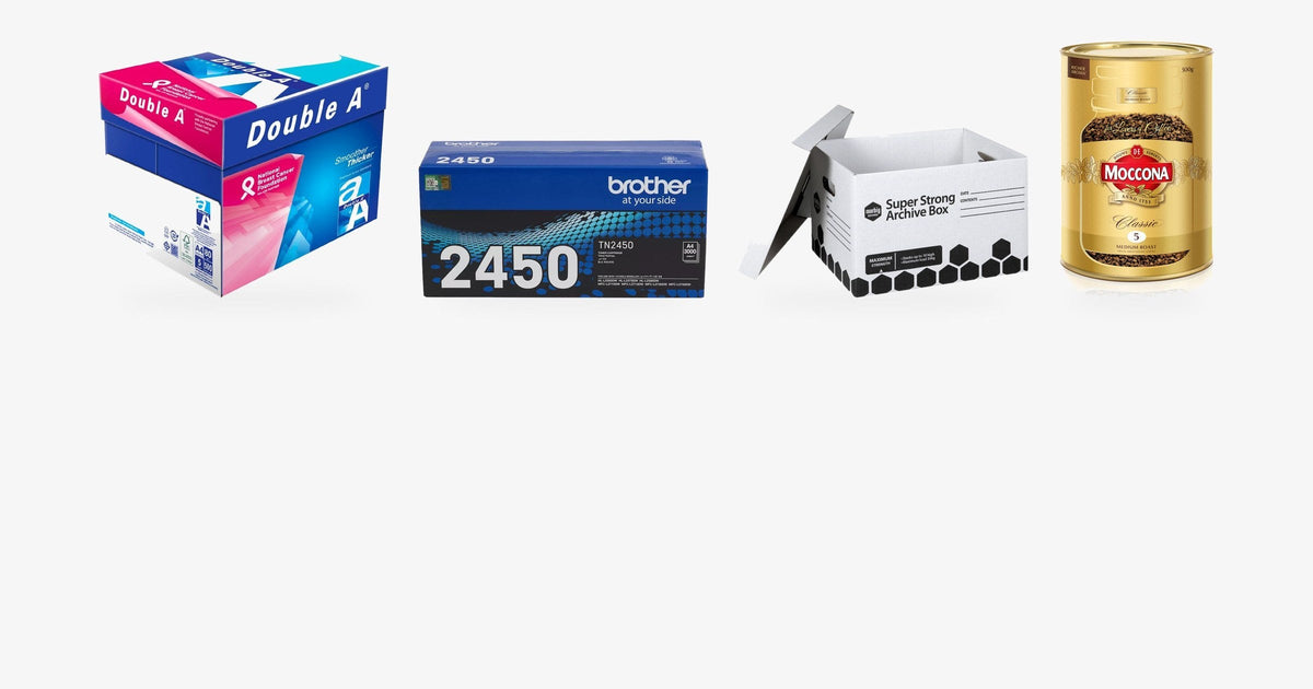 Double A A4 copy paper carton, Brother TN2450 toner cartridge, Marbig Super Strong archive box and a Moccona Classic instant coffee can on a light grey background