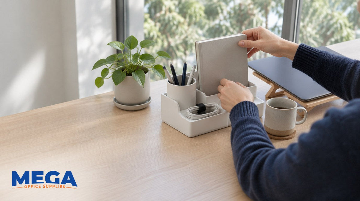 Hands placing a notebook into a white desk organiser on a tidy timber desk beside a plant, pens, a coiled cable and a mug