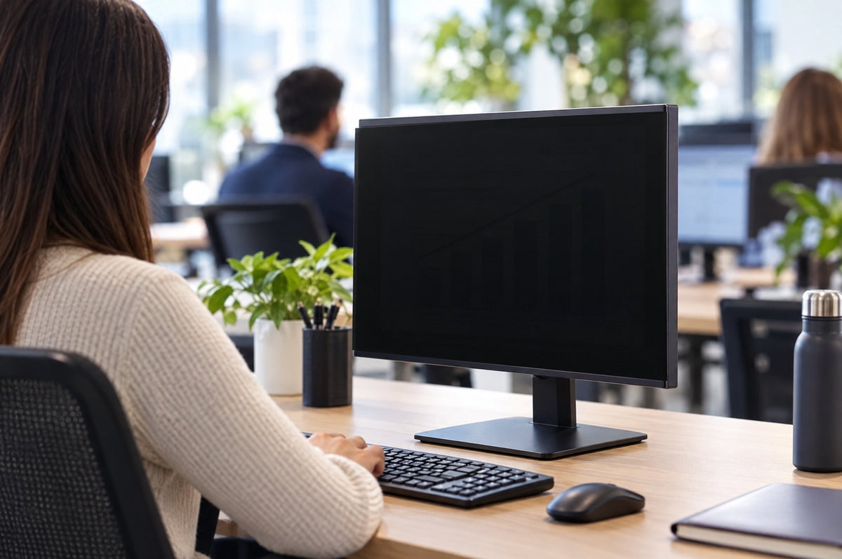 Monitor fitted with a privacy filter in an open-plan office, screen dark from the side