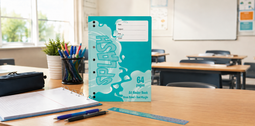 eal A4 binder book displayed on a classroom desk with pens, ruler, pencil case and open notebook in a bright high school classroom.