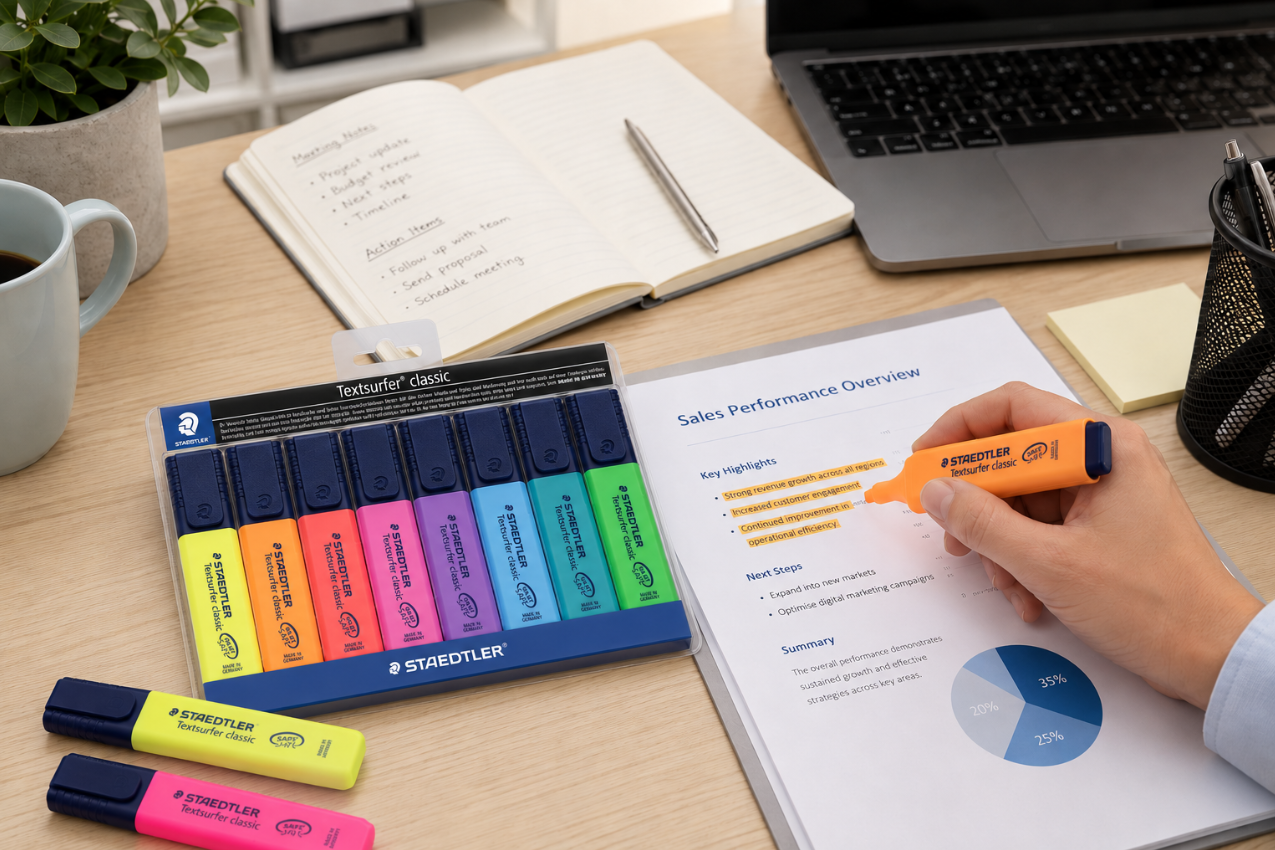 Staedtler Textsurfer highlighter set on a modern office desk with a hand highlighting key points on a printed sales report.