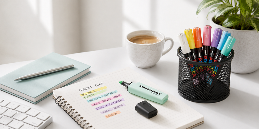 Colourful highlight markers and POSCA paint markers arranged in a pencil cup beside a project notebook on a bright office desk with coffee.