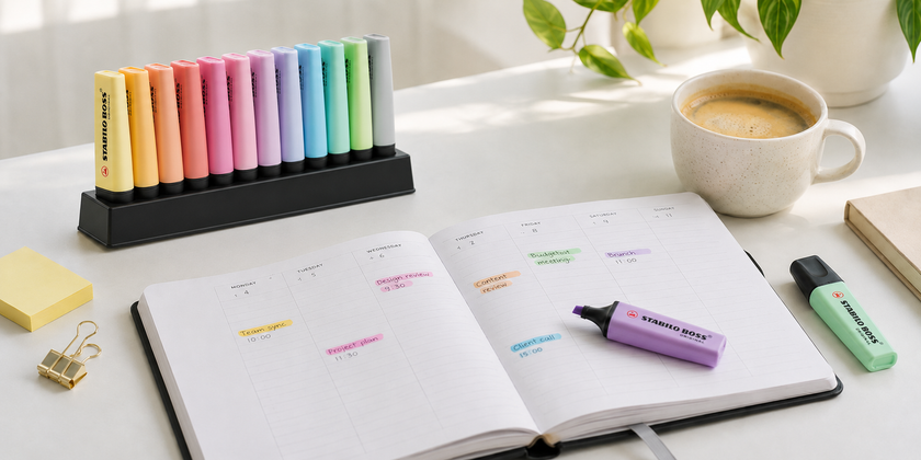 Pastel highlighters arranged in a black desk stand beside an open weekly planner and coffee on a bright office desk.