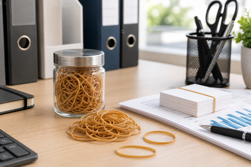 Rubber bands in a glass jar and loose on a modern office desk beside papers, notepads, binders and stationery accessories.
