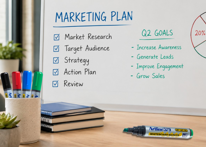 Chisel tip whiteboard markers beside a meeting room whiteboard with a marketing plan, chart, notes and eraser for clear planning and presentations.