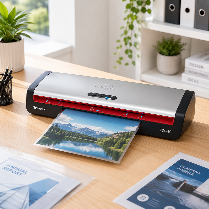 Laminator on a bright modern office desk laminating a document with pouches, reports, plants and tidy office storage.