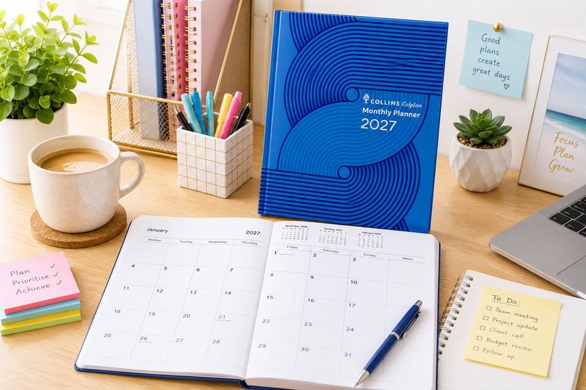 Spiral day to page diaries for 2026, 2027 and 2028 on a bright office desk with an open planner, pen and organised desk accessories.