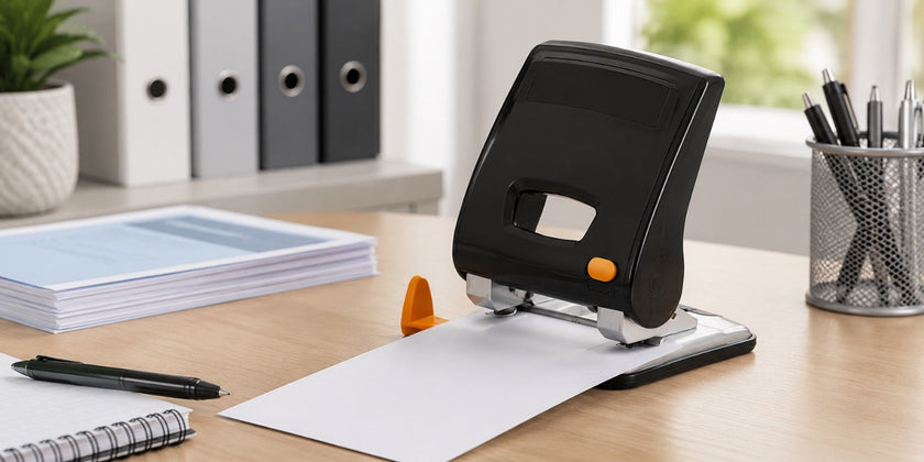 Two hole paper punch on a clean office desk with punched paper, binders and stationery for everyday document filing.