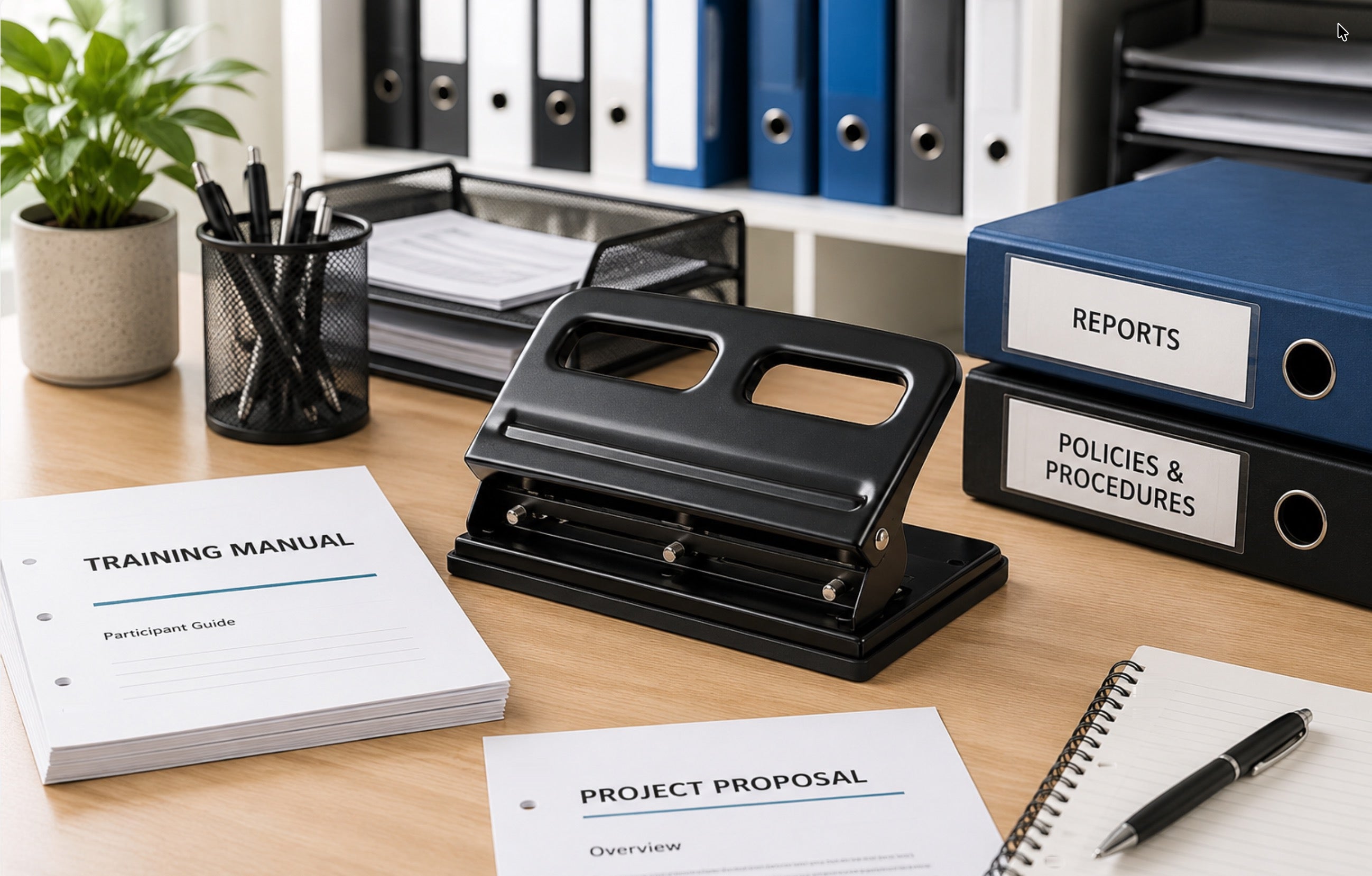 3 hole paper punch on a clean office desk with punched training documents, binders and filing materials for organised document preparation.