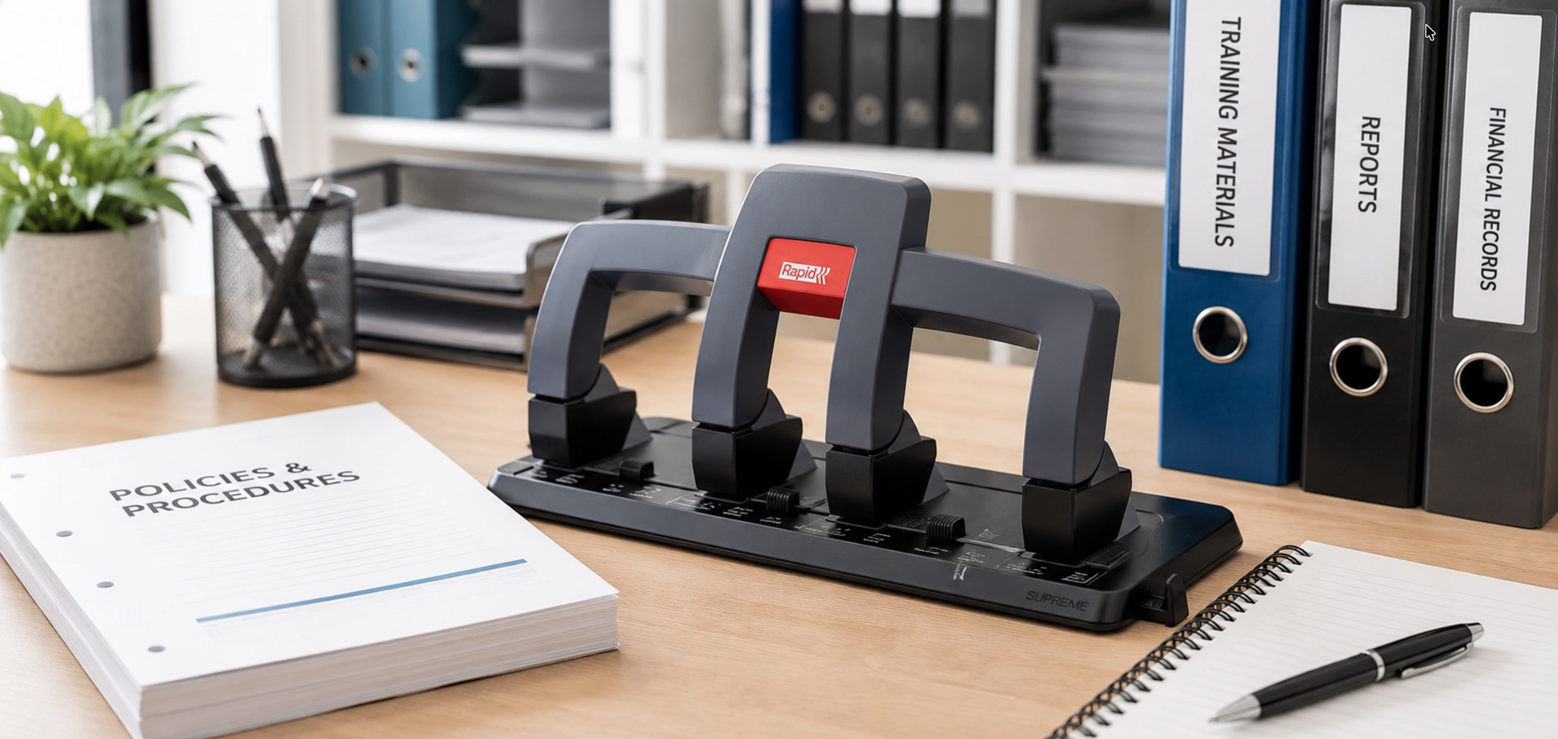 4 hole paper punch on a modern office desk with punched documents, binders and filing materials for organised document preparation.