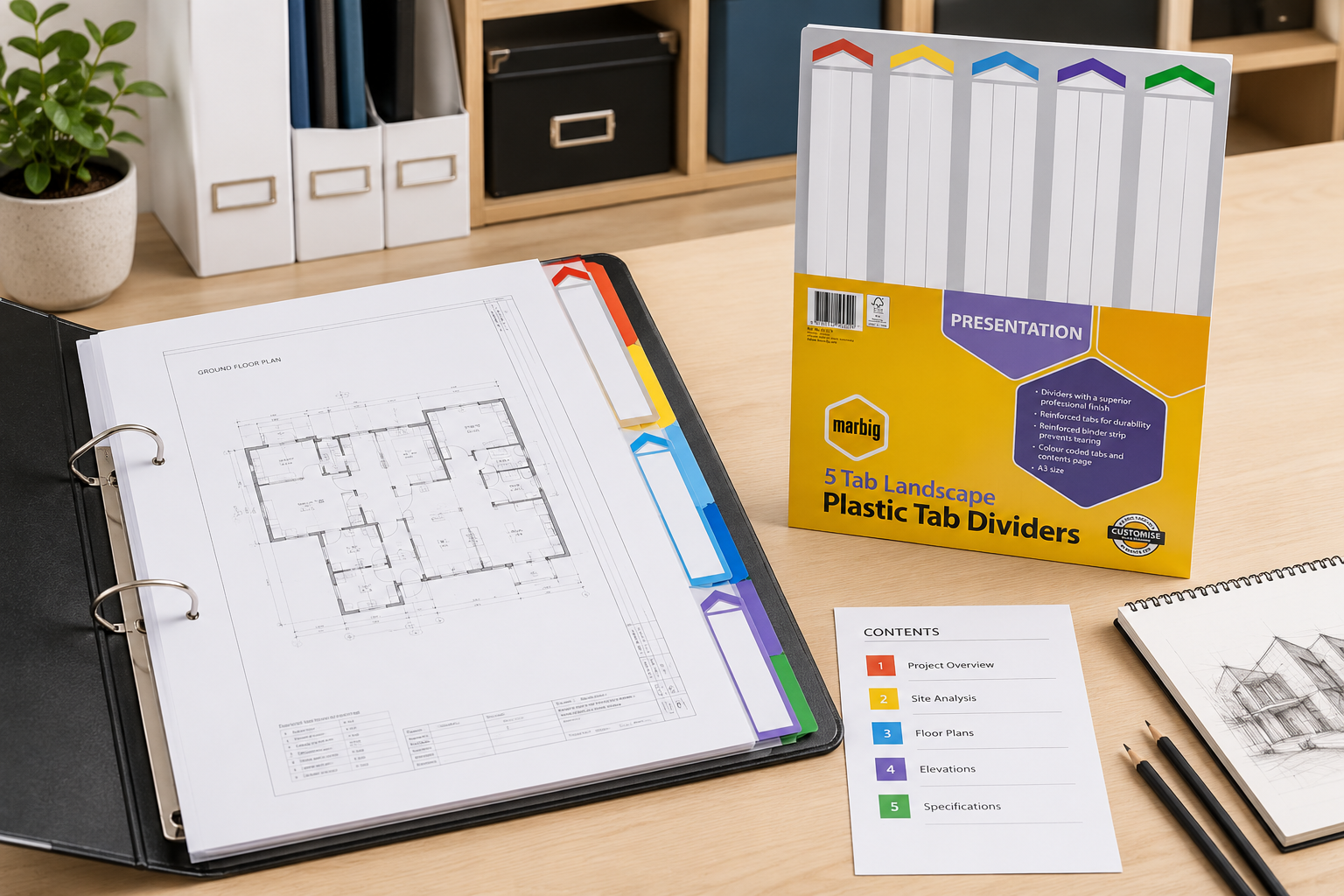 A3 binder dividers organising large format project plans in a binder on a clean office desk for structured document presentation.