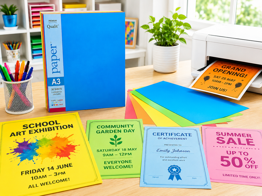 A3 coloured copy paper displayed in a bright craft and office printing workspace with posters, certificates, coloured sheets and a printer.