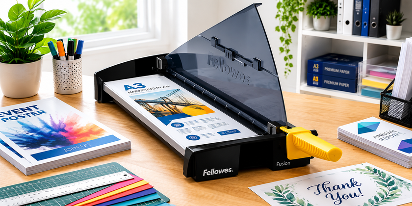 A3 paper cutter displayed in a bright landscape print studio with posters, coloured paper, cutting tools and document finishing supplies.