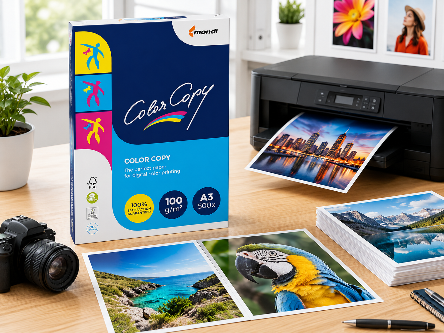 A3 photo paper displayed in a bright print studio workspace with glossy photo prints, a printer, camera and professional colour printing samples.