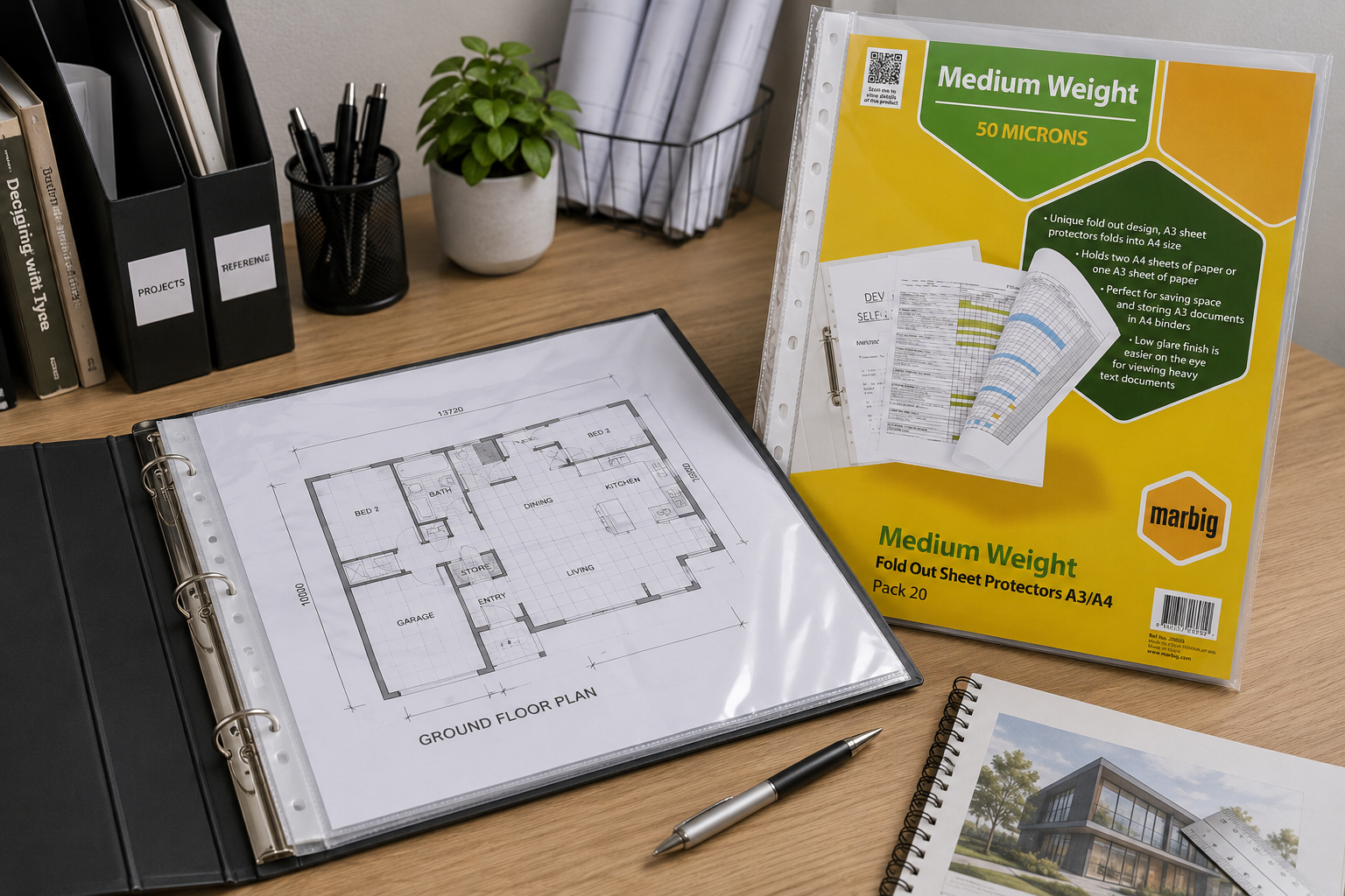A3 sheet protectors arranged on an office desk with a large plan binder, architectural drawings and filing supplies.