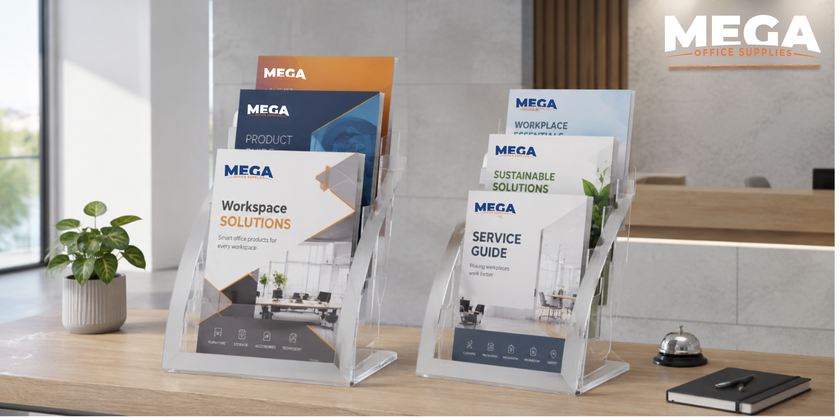 A4 brochure holders displaying catalogues and information sheets on a modern reception counter.