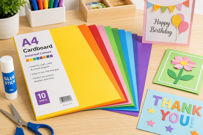 A4 cardboards arranged on a bright craft workspace with colourful sheets, handmade cards, scissors, glue and project supplies.