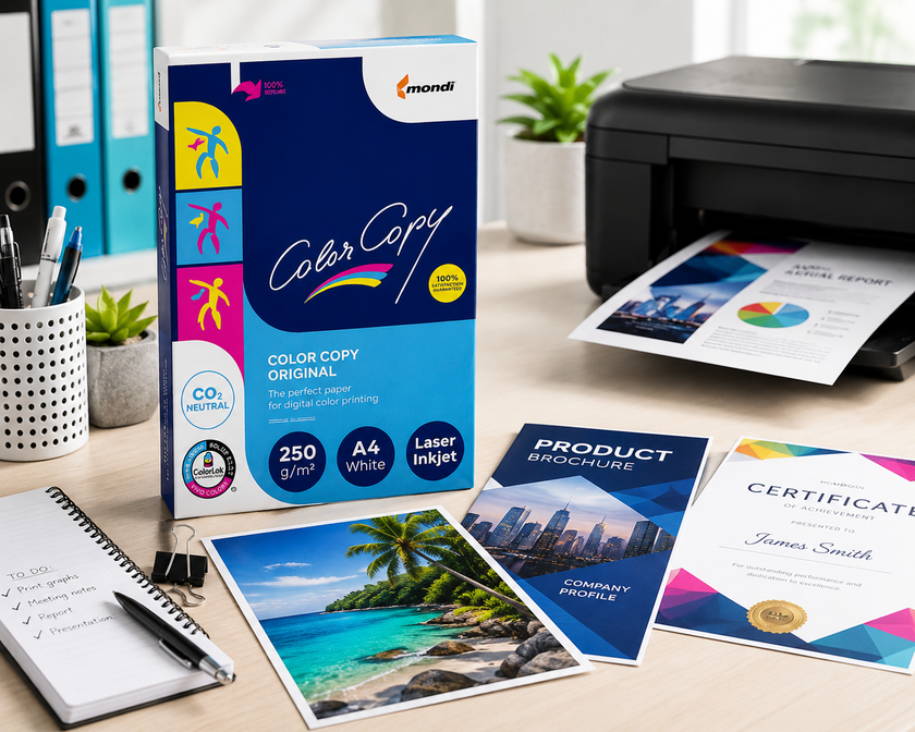 A4 glossy paper displayed on a bright office desk with colour printed brochures, certificates, photos and an inkjet printer for professional presentation printing.