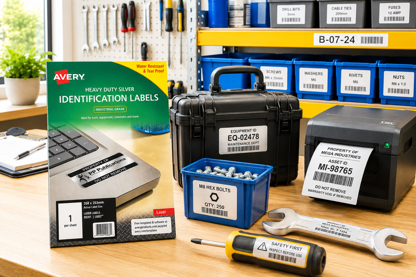 Bright A4 sized Avery heavy duty label packet shown in a workshop storage area with labelled tools, equipment case, storage bins and label printer.