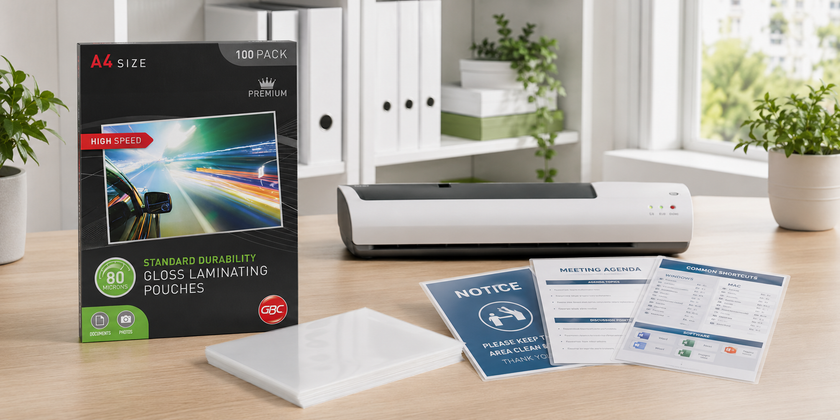 A4 gloss laminating pouches displayed in a tidy office print station with a laminator, protected documents and workplace signage.