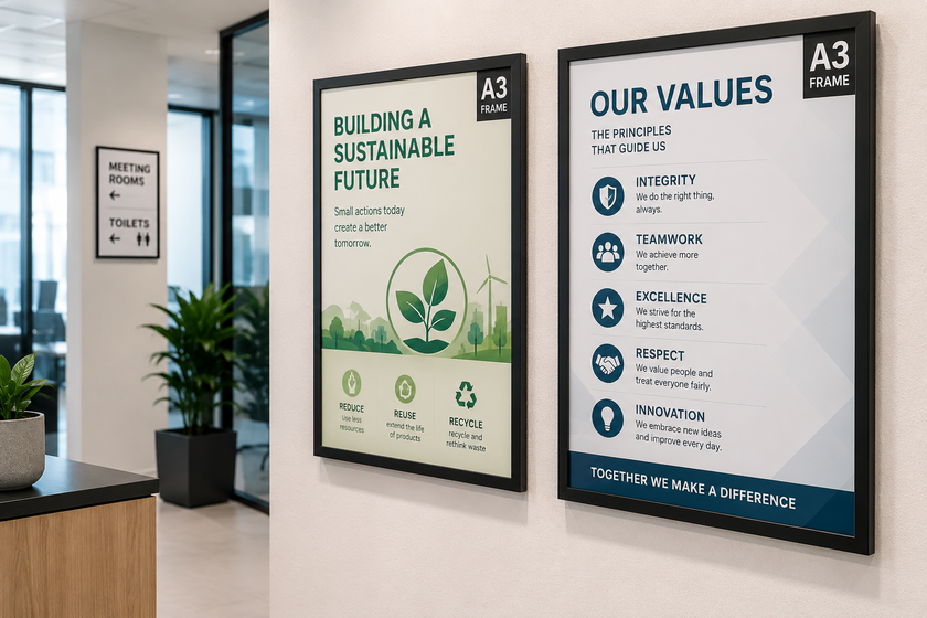 A3 size frames displayed on a bright office wall with workplace values, sustainability posters, directional signage and professional interior styling.