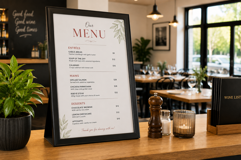 A4 menu document display frame shown on a bright restaurant counter with dining tables, wine list, plant and hospitality styling.
