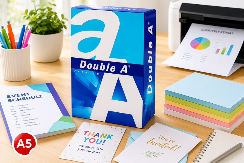 Double A A5 copy paper displayed on a bright office desk with printed event materials, coloured paper, printer and stationery supplies.