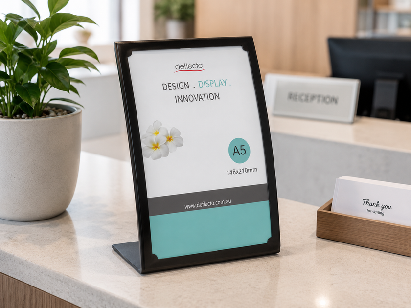 A5 black frame sign holder displayed on a bright reception counter with visitor cards, plant and professional office styling.