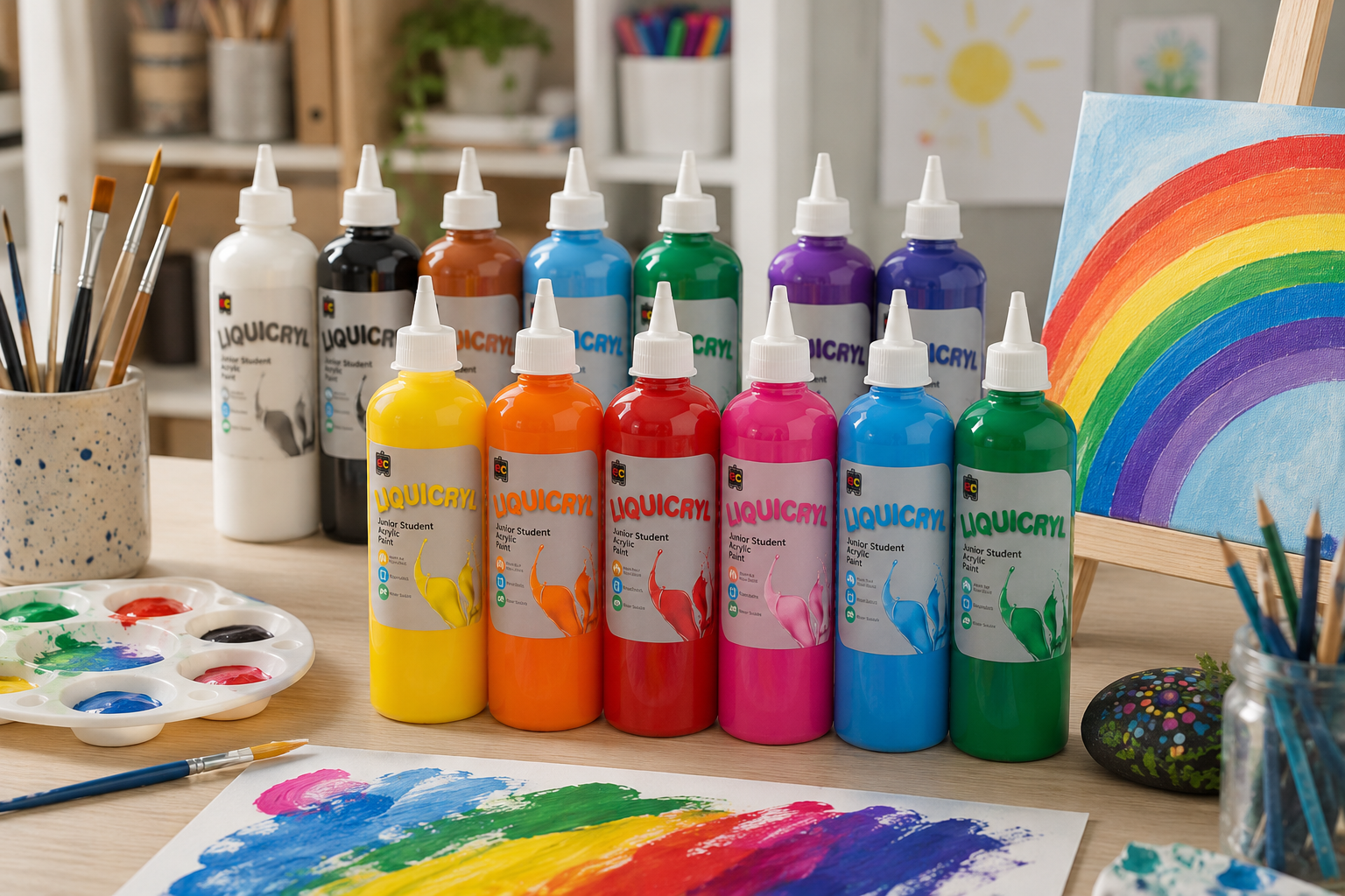 Craft acrylic paints arranged on a bright art studio table with brushes, palette and colourful artwork for school, craft and creative painting projects.
