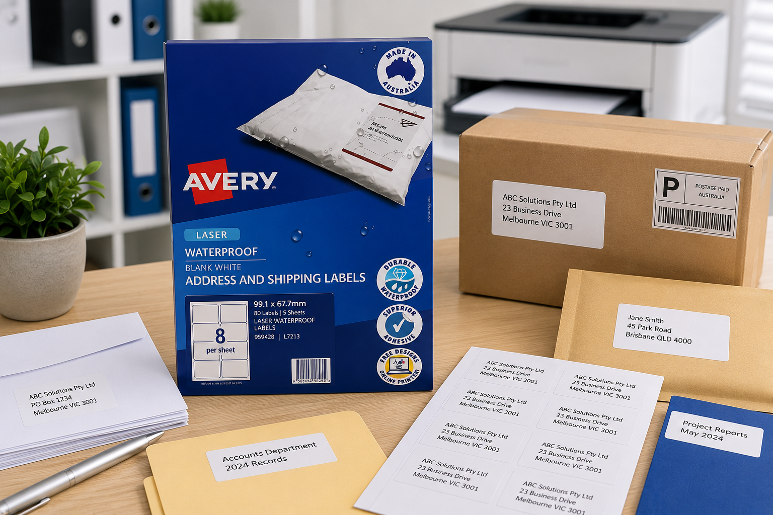 Address labels displayed on a bright office mailing desk with labelled envelopes, parcels, folders, printer and mailing supplies.
