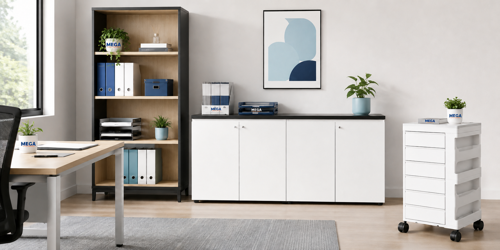 Office storage cabinet, shelving and mobile drawer unit arranged in a clean admin storage area.